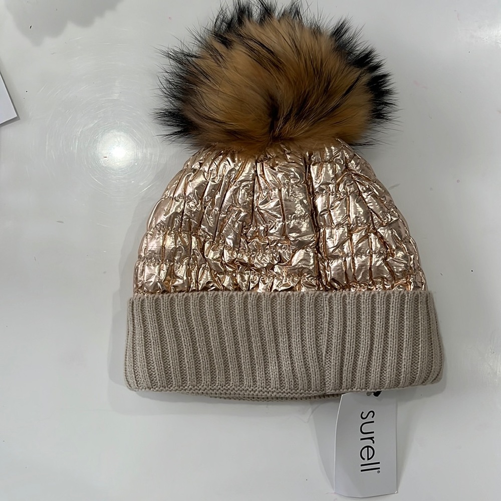 Surell Rose Gold Quilted Beanie with Fur Pom